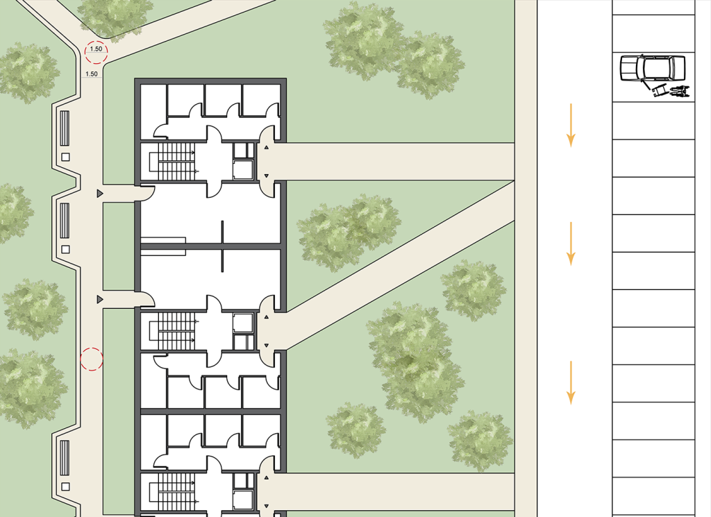 ARELOR-UES - Guide pratique « Production de logements accessibles et adaptés » - Abords extérieurs - Plan d’aménagement d’un extérieur adapté et accessible
